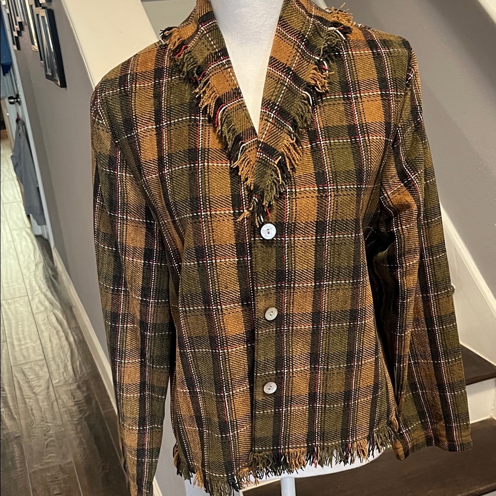 Stonebridge Plaid Fringe Ladies Lightweight Jacket in Autumn Colors. Sz. Lg